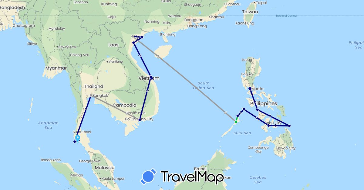 TravelMap itinerary: driving, bus, plane, boat in Philippines, Thailand, Vietnam (Asia)
